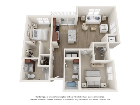 Floor plan for 2 beds, 2 baths, 1056 sqft